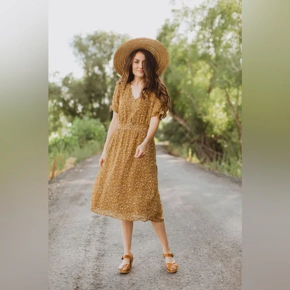 Piper & Scoot Floral Mustard Midi Button Up V Neck Dress - Picture 3 of 14